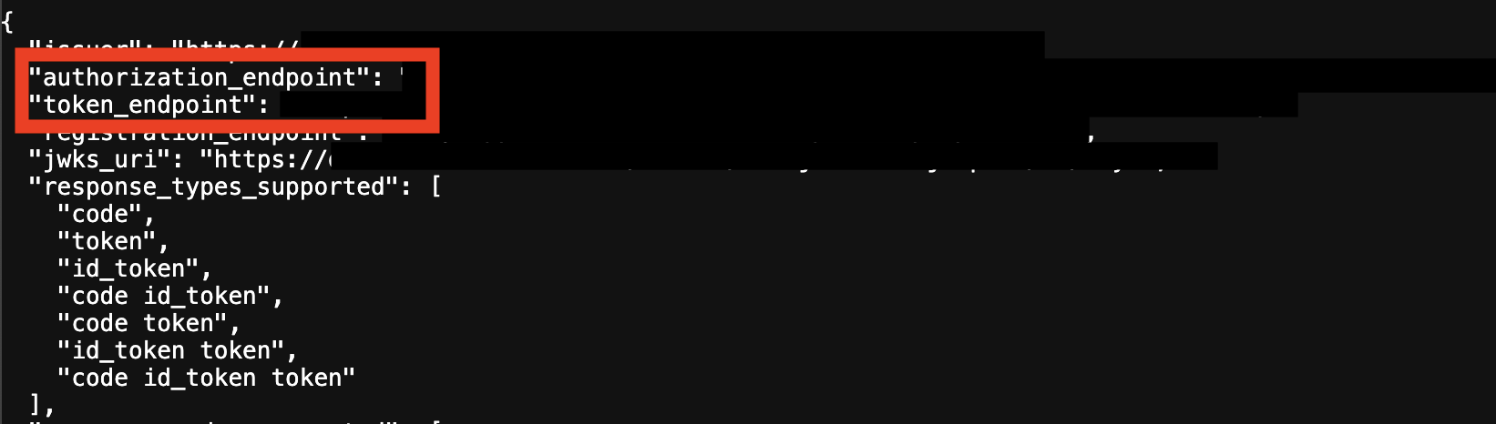 The authorize and token URLs highlighted in the metadata URI. The authorize and token URLs highlighted in the metadata URI.