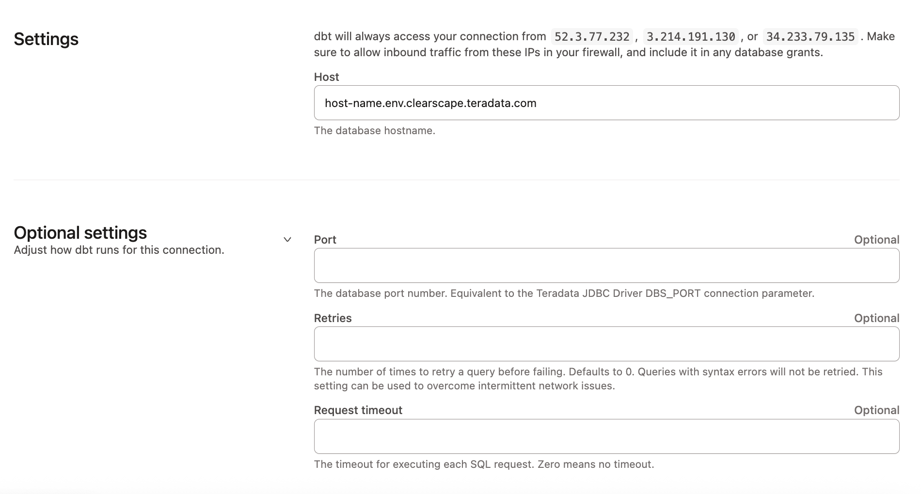 Example of the Teradata connection fields. Example of the Teradata connection fields.