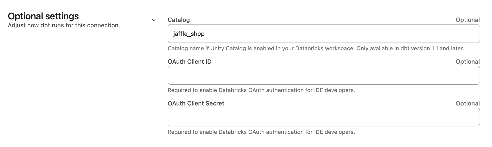 Adding Databricks OAuth application client ID and secret to dbt