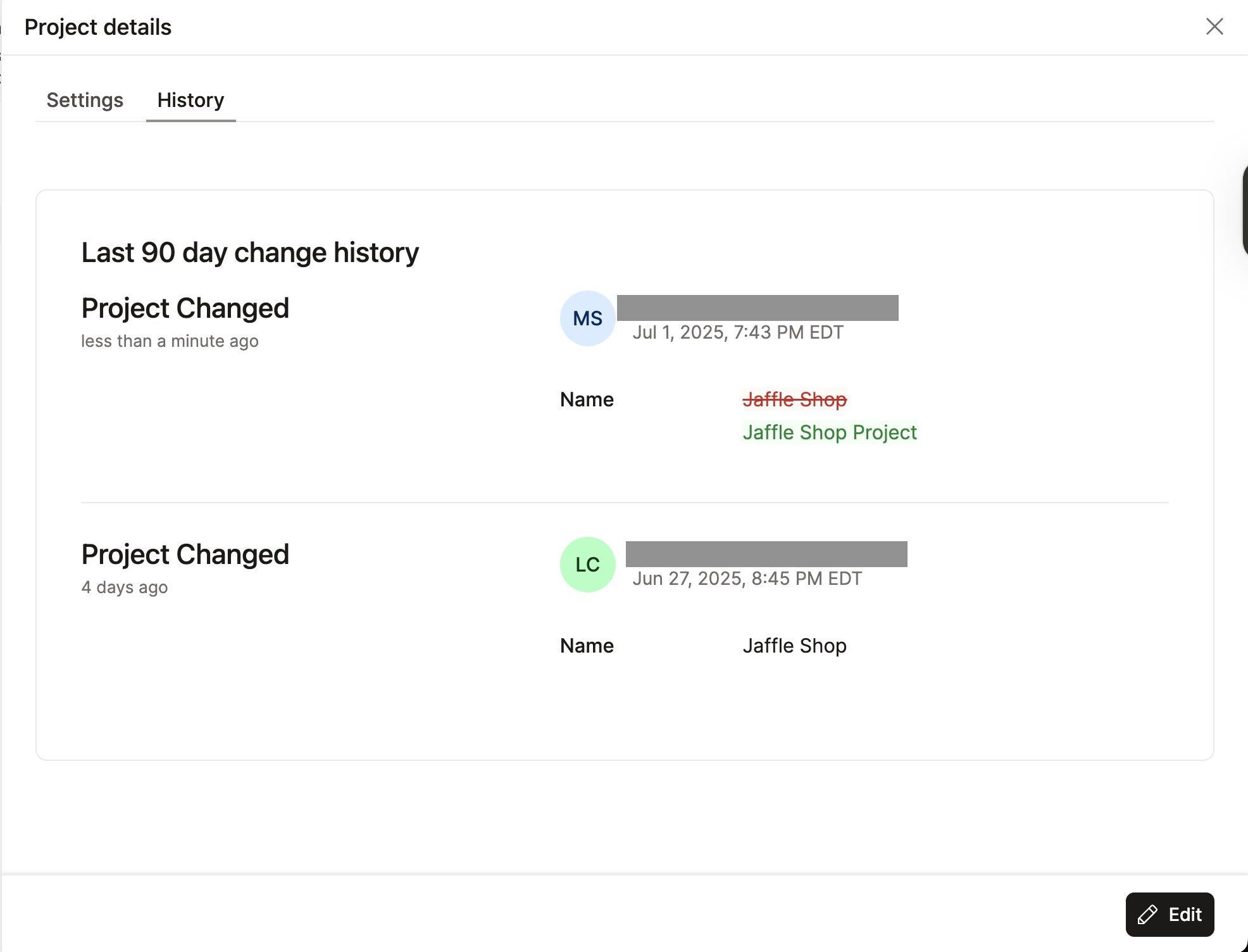 Example of the project history option.  Example of the project history option.
